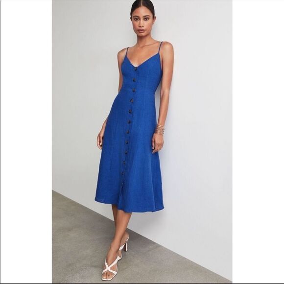 BCBGMaxAzria Sleeveless Linen Button-front Linen Midi Dress Blueb 16 - Picture 5 of 12